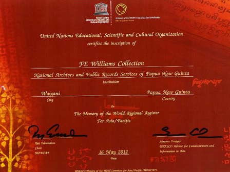 A certificate awarded to the National Archives of Papua New Guinea
